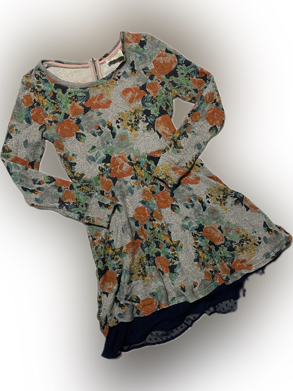 Anthropologie Floral Midi Dress in Gray with Rust and Green Accents